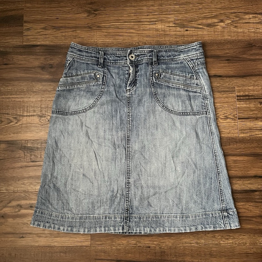 Y2K Low Rise Denim Midi Skirt Size 14 Soft Jean Coquette Grunge Pockets 2000s